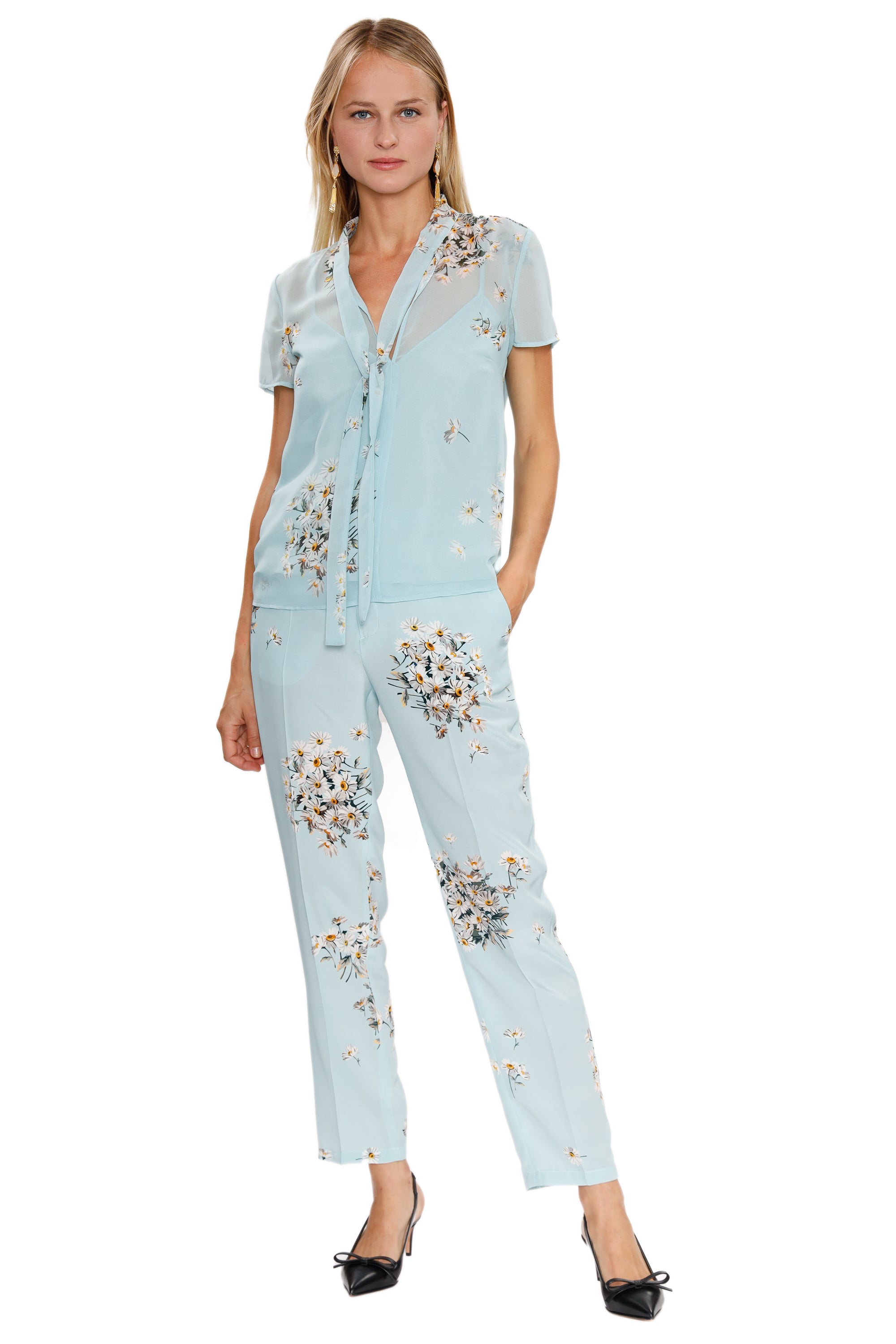Silk Trousers By Red Valentino, 100% Silk, Light Blue,  Floral print, Espace Cannelle