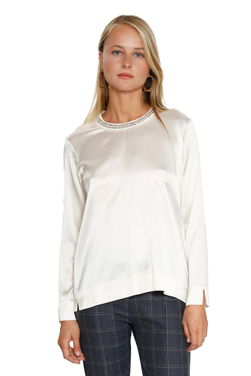 Sequin Blouse by D. Exterior, Colour: White, sequin embellishments around neckline, Made in Italy, New Fall/Winter Collection 2021, Espace Cannelle 