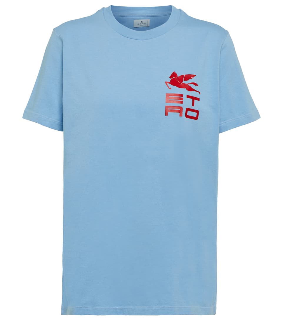 Cotton T-Shirt With New Cube Logo by Etro, Colour Light blue, Logo in red, Made in Italy, SS22 Collection, New Arrivals, Espace Cannelle