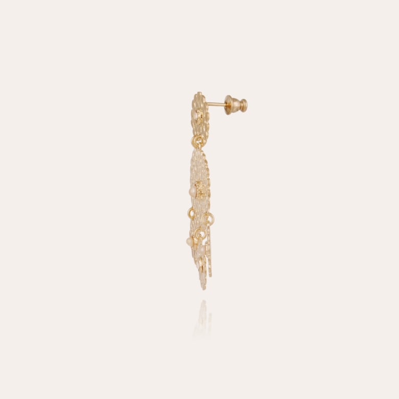 Brincos cabochão Lucky Sequin tamanho pequeno dourado - Madrepérola branca e strass 