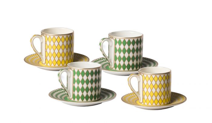 Chess Espresso Set by Pols Potten, Material: Porcelain, Colour: Green & Yellow, Gold decorations, New Arrivals 2021, Espace Cannelle