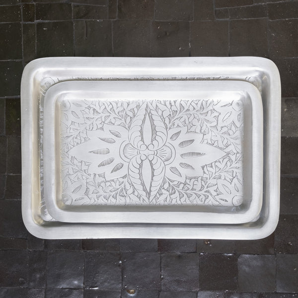 Tray - Oblong (set) by Zenza, Aluminum, Silver colour, Two trays, Dimensions; 33 x 23 cm and 28 x 18 cm, Engraved floral pattern, Handcrafted, Made in Egypt, New Arrivals, Espace Cannelle